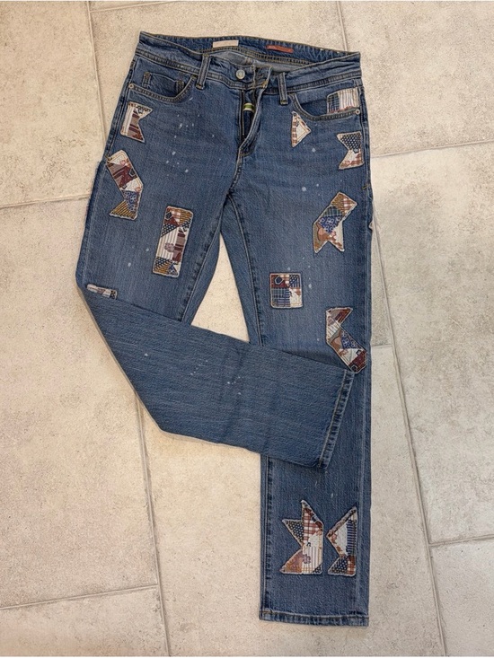 Pilcro Denim - Pilcro Straight Leg Jeans in Dark Blue with Multicolor Patchwork